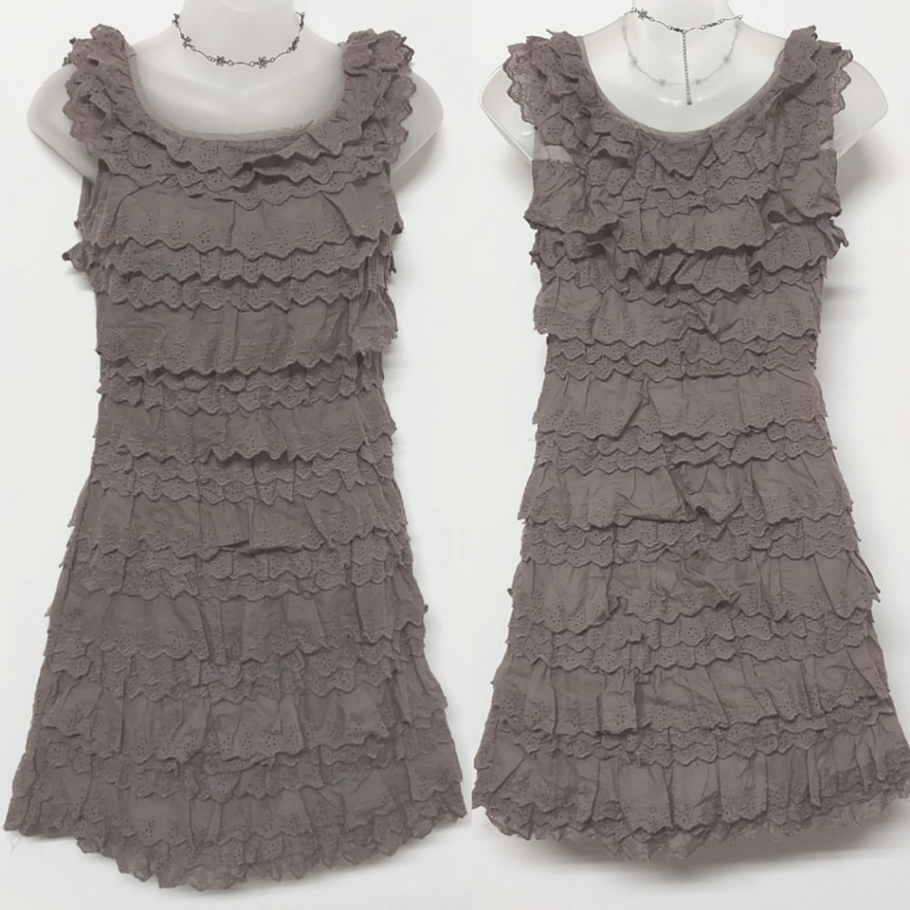 NWT Sweet Sinammon Grey Cotton Frilly Lace Midi Dress, Size Small